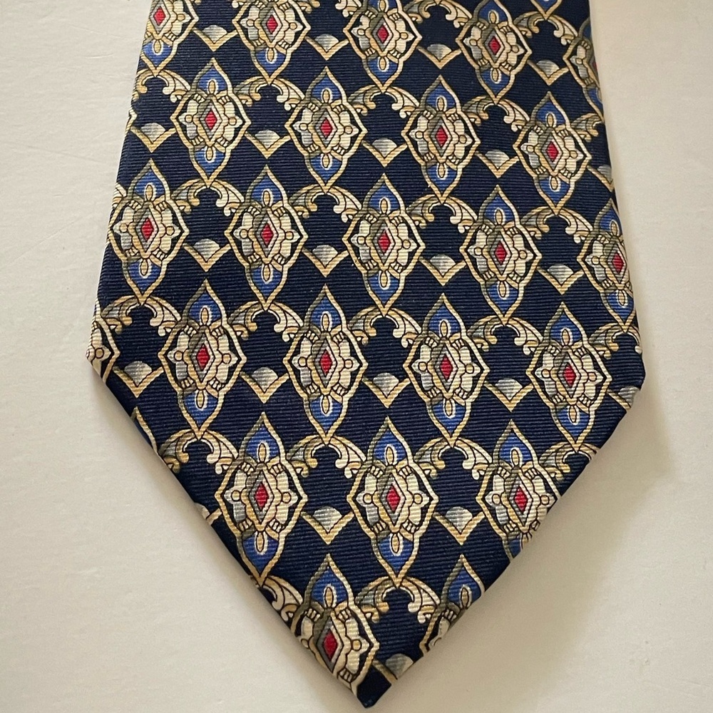 Christian Dior Necktie 4" X 60” Vintage Tie 100% Silk Blue Gold Cream Navy